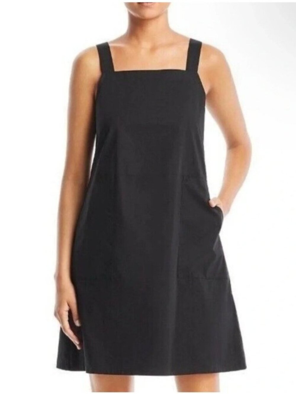 Eileen Fisher Organic Cotton Stretch Poplin Apron Tank Dress Pockets Black M P